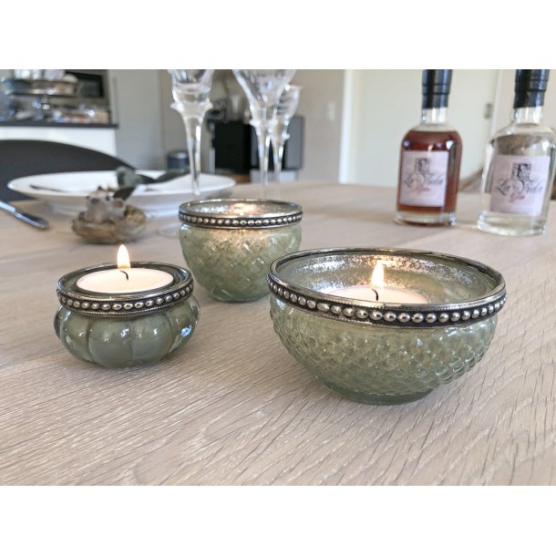 Lille fyrfadsglas m. slvkant, grn