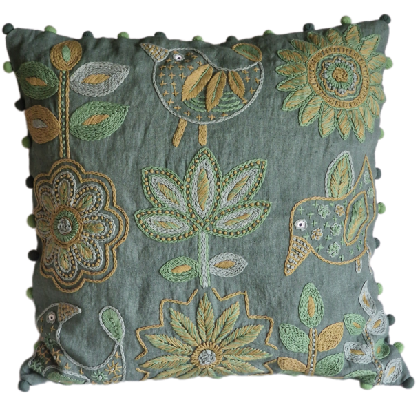 H�ndbroderet pudebetr�k i bomuld 50x50cm.